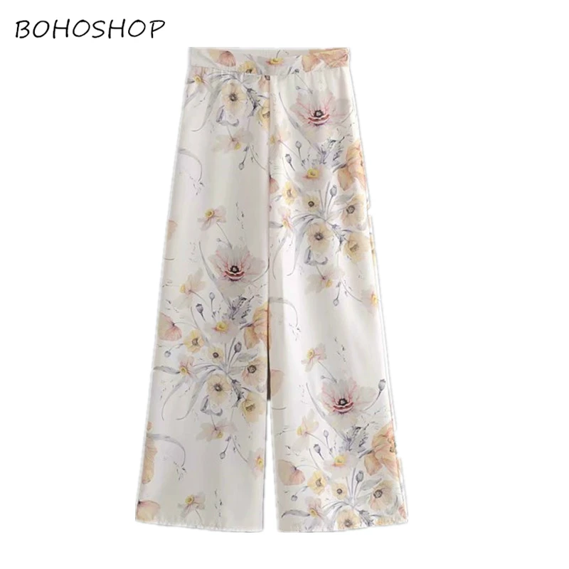 

Vintage chic Summer elegant women floral print bohemian wide leg pants ladies casual loose linen Boho pants versize