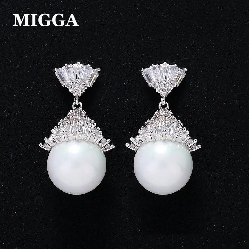 MIGGA Нежный AAA кубический циркон Кристалл веер форма имитация жемчуга Серьги женские вечерние свадебные шпильки ювелирные изделия