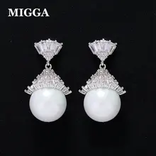 MIGGA Нежный AAA кубический циркон Кристалл веер форма имитация жемчуга Серьги женские вечерние свадебные шпильки ювелирные изделия
