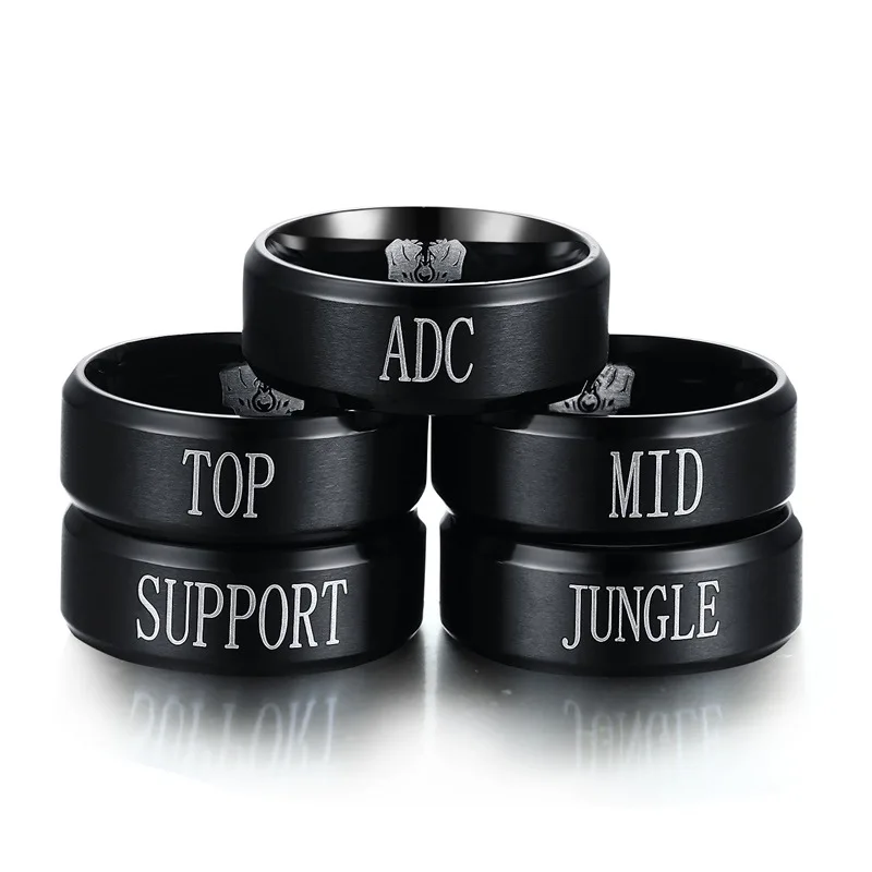 

Game Anime Peripheral Ring for Men and Women Black Stainless Steel LOL Ring Team Ring,Top Jungle Adc Mid Support Engraved