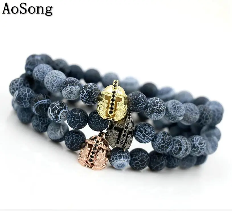 

BPPCCR Onyx Stone Men Reiki Helmet Roman Warrior Spartan Bracelets, gold color Micro Pave hombres Chakra pulseira feminina