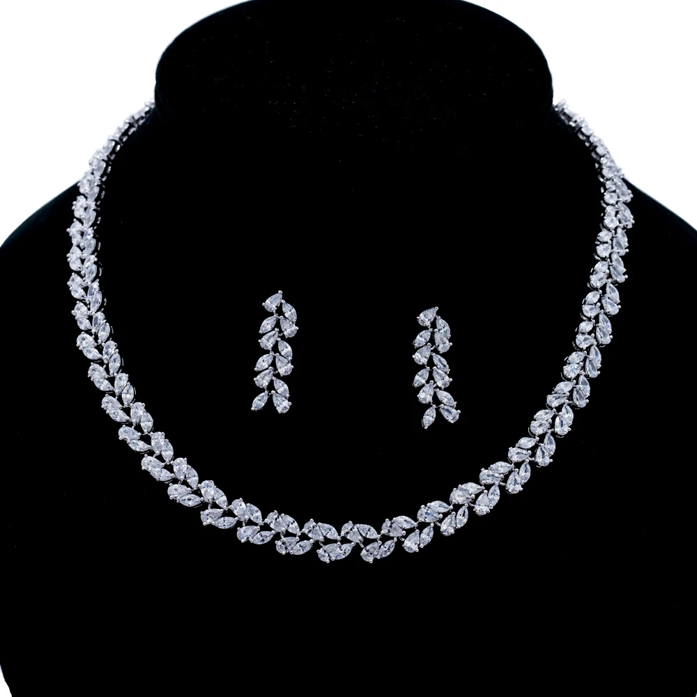 High Quality Leaves Full AAA Cubic Zirconia Necklace Earring Set Bridal
