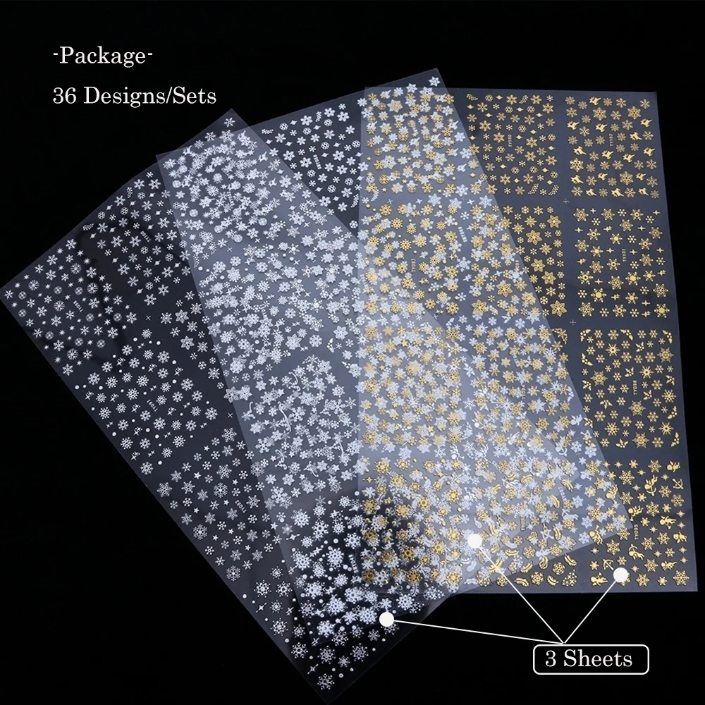 36 шт. украшения для ногтей блестящая Снежинка наклейка для ногтей слайдер Золотой Серебряный Белый 3D DIY Рождественский набор наклеек CHTY/SMY