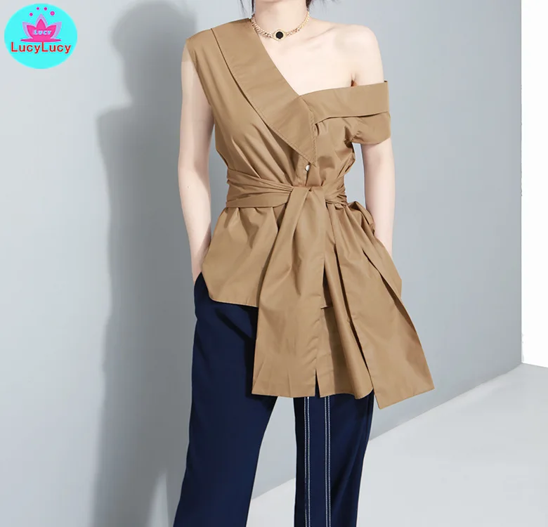 

2019 summer Korean style niche design sleeves tie big bow irregular shoulder shirt blouse Skew Collar Patchwork