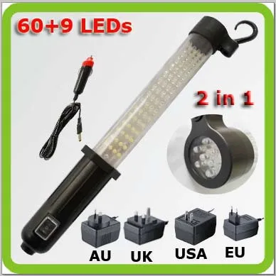 

drop shipping portable led work lamp rechargable battery 2 in 1 60+9 led inspection lamp led hand lamp for emergency garage camp