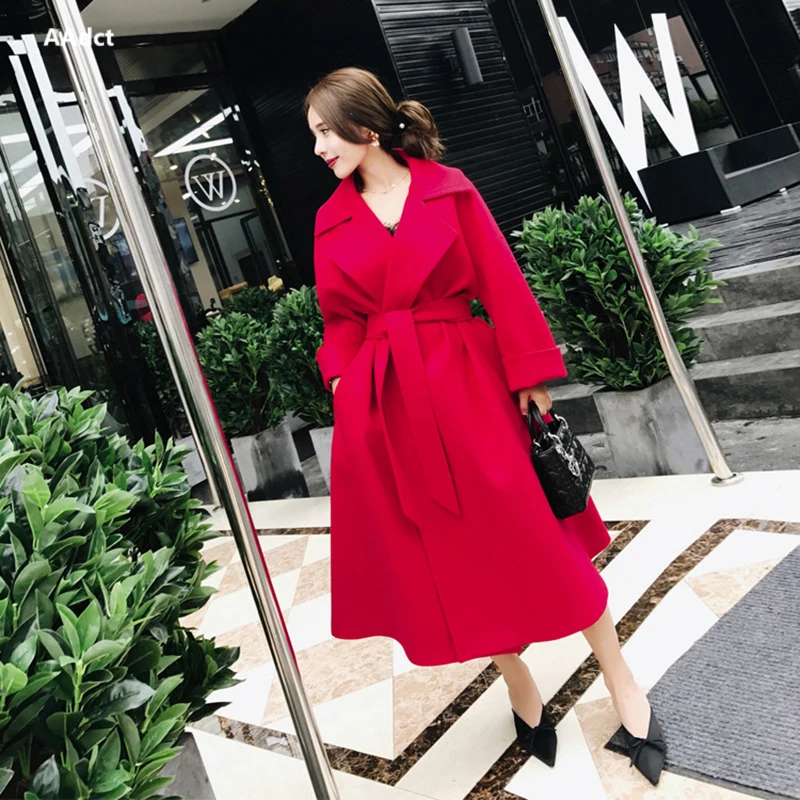 AAdct 2018 Autumn and winter new Korean women's coat long lapels female blends coat waist waist coat to send belt Coats