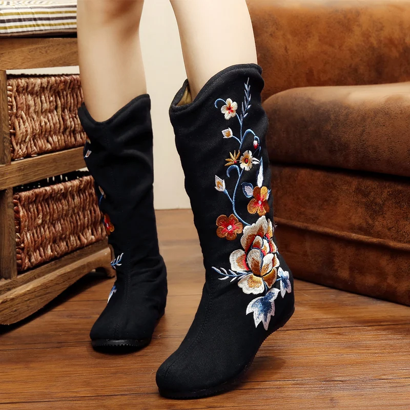 OKH Brand autumn fashion flower canvas embroidered Half Boots women falt height increasing 3.5cm