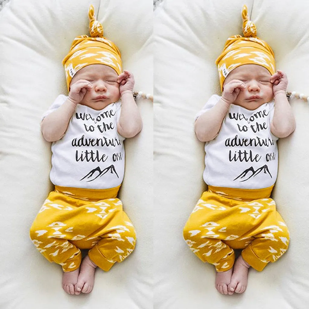 2019 Infant Baby boy summer clothes Toddler Letter Cartoon Printed Romper Tops+Pants+Hat Outfits Set kid Dropshipping | Детская одежда
