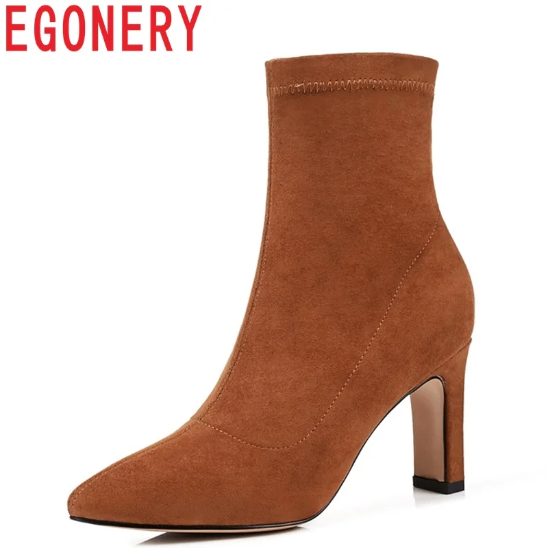 

EGONERY hot sale 2018 newest popular fashion sexy pointed toe super high strange style four colors outside slip-on ankle boots