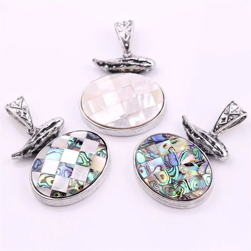 

Vintage Big Hole Green White Natural Mother of Pearl Abalone Shell Pendant Necklace DIY Jewelry Accessory Silver-plated Gifts