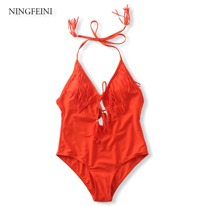 NINGFEINI New Sexy Women One Piece Swimsuit Fringe Bandage Straps Front
