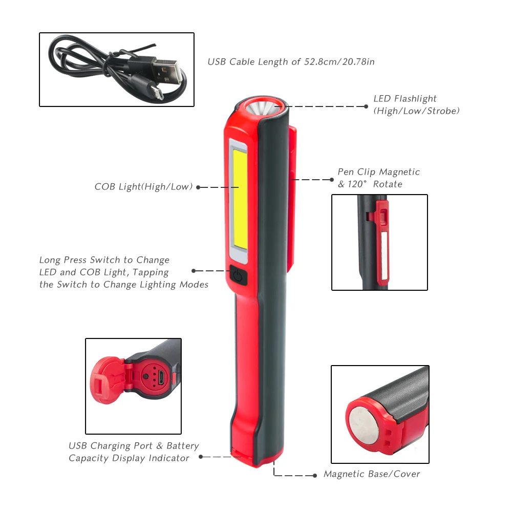 Портативный 3 Вт 18650 COB флэш-светильник фонарь USB Перезаряжаемый светодиодный рабочий светильник с магнитом для кемпинга подвесной фонарь с крюком для улицы