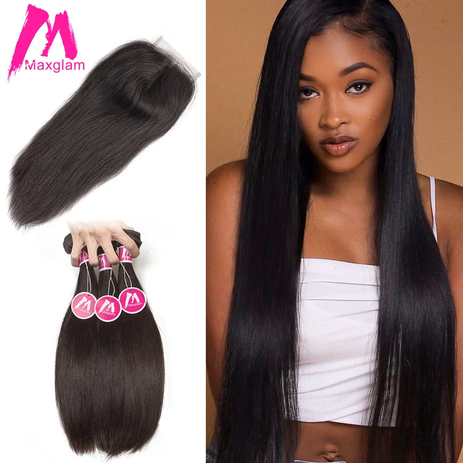 

Maxglam Brazilian 3 Human Hair Bundles with Closure Straight Virgin Hair Bundles with Closure Hair Extension Free Shipping