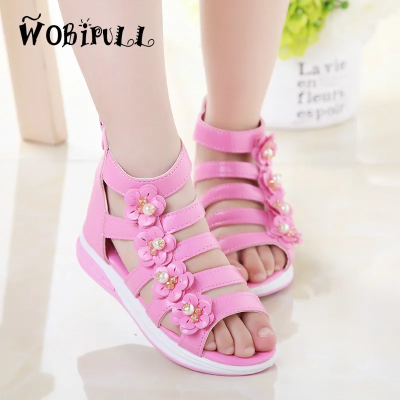 WOBIPULL 2017 girls sandals Children s lovely pearl flowers Roman sandals kids summer Thick bottom non