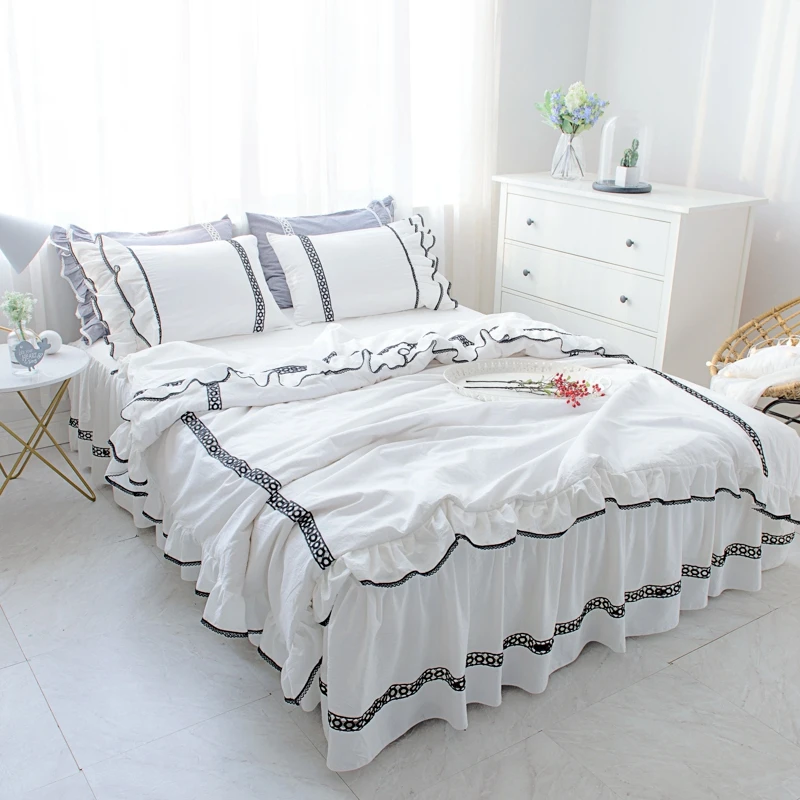 

Romantic Princess Ruffle White Lace Bedding Set twin full Queen King Size Bed Covers Bedspread Soft Washing cotton Textiles Sets