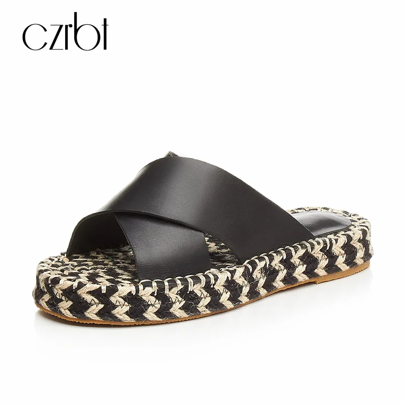 

CZRBT Women Shoes Straw Weaving TPR Solo Women Summer Slippers Flip Flops Outside Genuine Leather Ladies High Platforms Flats