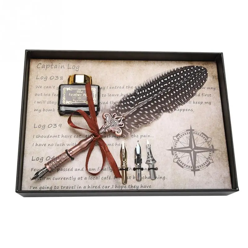 

Retro Classical Feather Dip Pen Fountain Pen Ink Bottle with 3 nibs Stationery Gift Box for school Birthday Gift calligraphy pen