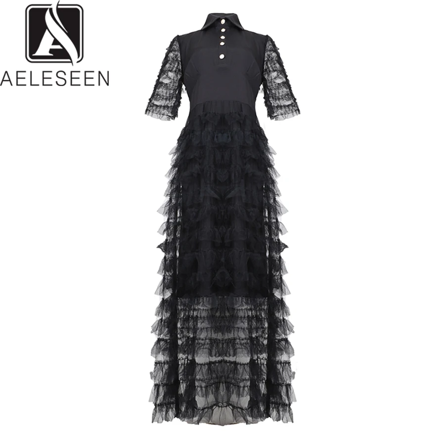 

AELESEEN Vintage 2019 Summer Long Dresses Women Luxury Cascading Ruffle High Class European Party Butterfly Sleeve A-Line Dress