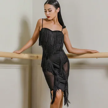 

2019 Hot Sale Latin Dance Dress Women'S Sexy Sling Mesh Fringe Dresses Ballroom Dance Costume Samba Practice Clothing DWY1943