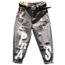 ВЕСНА Новинка осени личные письма спрей крашеные джинсы с дырками женские свободное до щиколотки штаны-шаровары