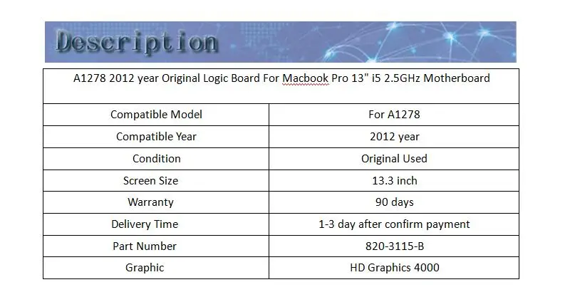 Original A1278 Motherboard For Macbook Pro 13" i5 2.5GHz Logic board 2012 year