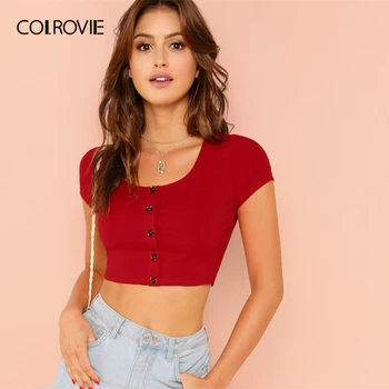 

COLROVIE Red Scoop Neck Button Slim Fit Crop T-Shirt Women 2019 Summer Korean Cap Sleeve Basic Ladies Sexy Tee Shirt Femme Top