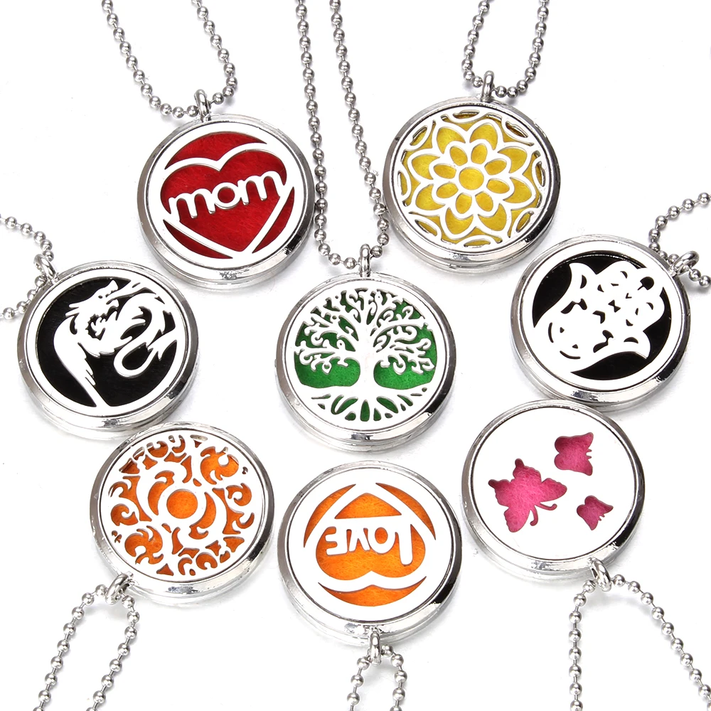 

New Aromatherapy Locket Necklace 25 Designs Silver Essential Oils Diffuser Necklace Stainless Steel Perfume Pendant Necklace