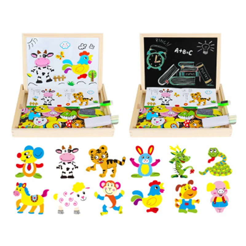 Educational Wooden Magnetic Toys Children 3D Puzzle Figure /Animals/Vehicle Drawing Board Learning Wood Toys For Kids Toys Gifts - Цвет: twelve zodiac