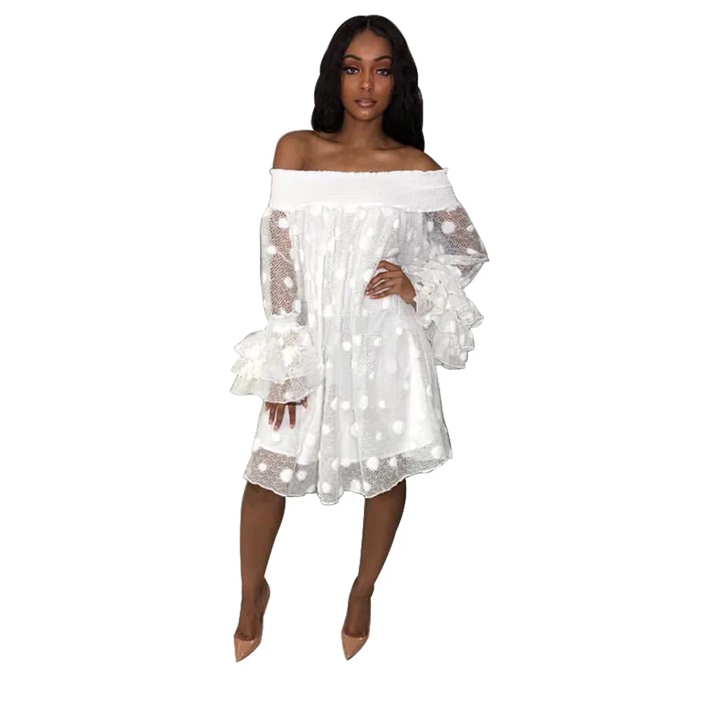 

White Mesh Dot Print Mini Dress Women Elegant Off Shoulder Long Ruffles Sleeve Loose Dress Sexy Transparent Party Dress Vestidos