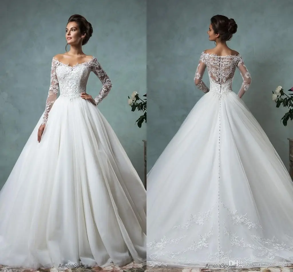  Amelia Sposa 2016 Lace Tulle Wedding Dresses Vintage Spring Fall Off Shoulder Long Sleeve Bridal Gowns Plus Size Arabic Wedding Gowns AS2005