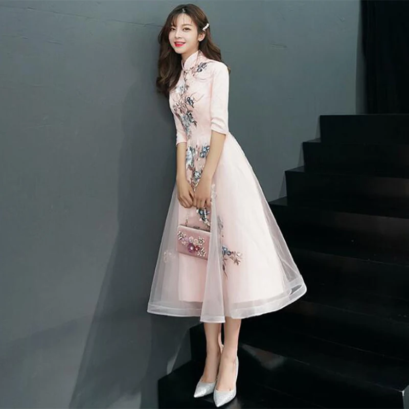 Шампанское cheongsam платье миди элегантные китайские платья Цветочные Junior высокие платья для выпускного вечера, для вечера встречи выпускников платья выпускного вечера TS555