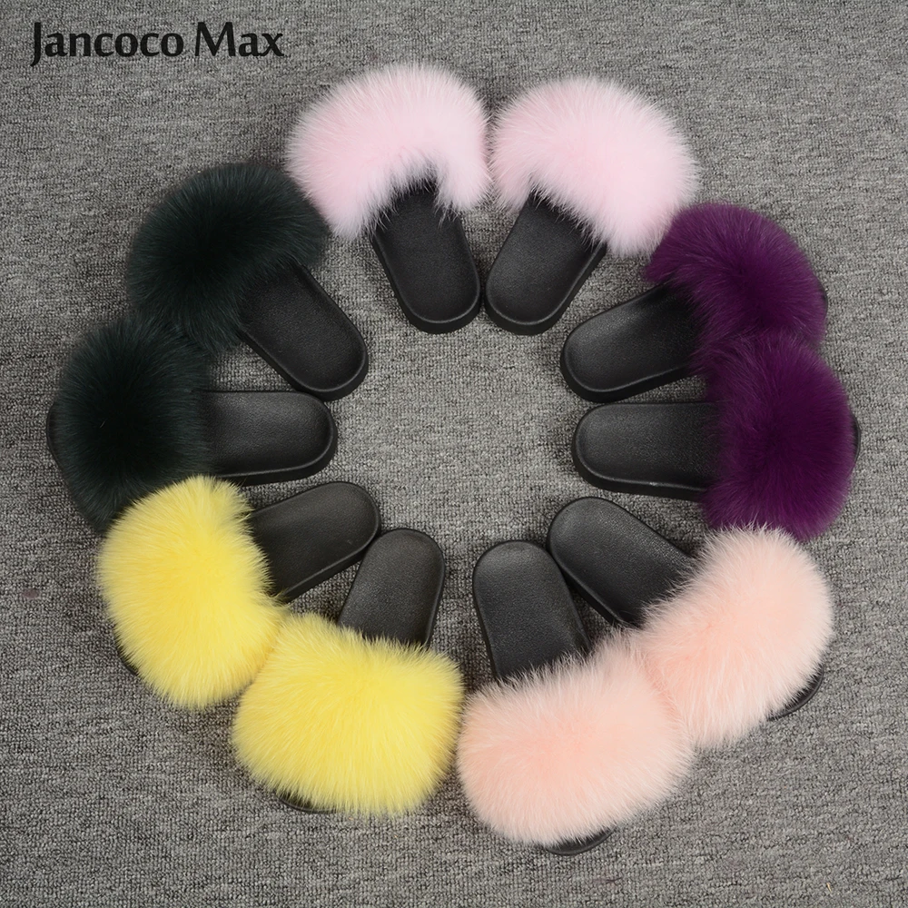 Jancoco Max 2019 натуральным лисьим мехом тапочки сезон: весна–лето осень-зима слайды Для женщин ползунки открытый сандали для помещений S60GLOves18C
