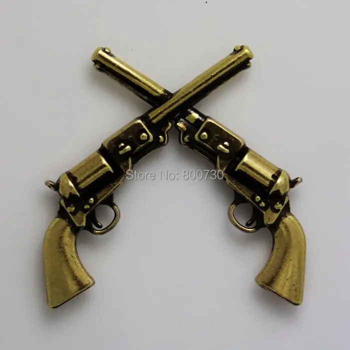 

(KB401) 10pc 1-1/2" Cowboy Decor Crossed 1861 Colt Revolver Pistols Antique-Bronze
