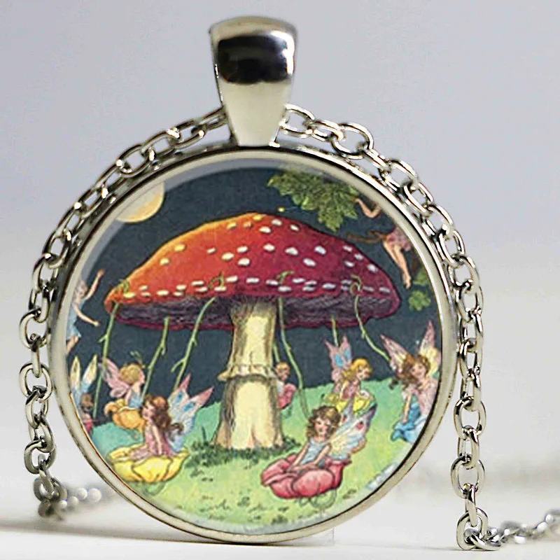 Free shipping Mushroom Pendant, Mushroom with Fairies, Mushroom Necklace, Glass Dome Art Pendant