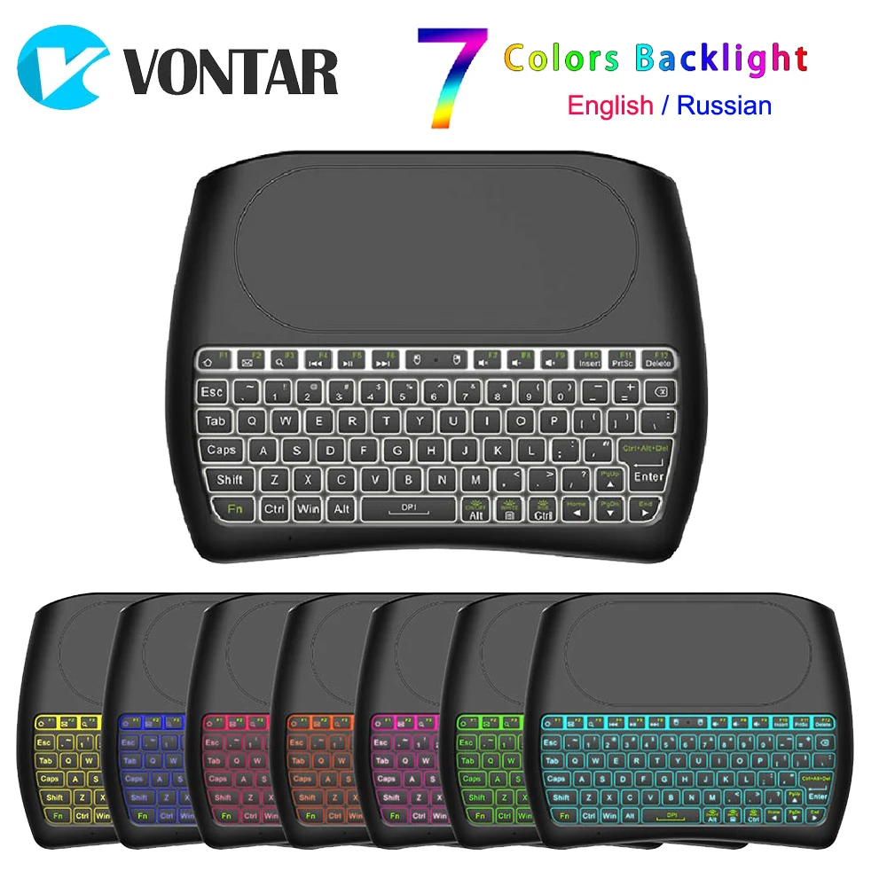 Baratos 7 colores de retroiluminación D8 Pro Plus inglés ruso 2,4 GHz i8 inalámbrico Mini teclado Air Mouse Touchpad controlador para Android TV BOX