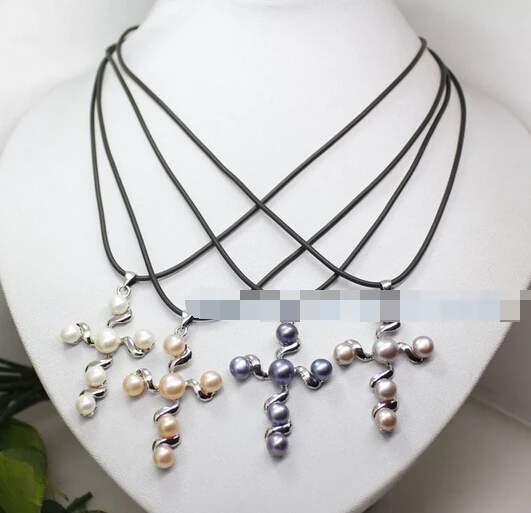 

4pcs real white pink lilac black pearl cross pendant necklace fashion jewelry