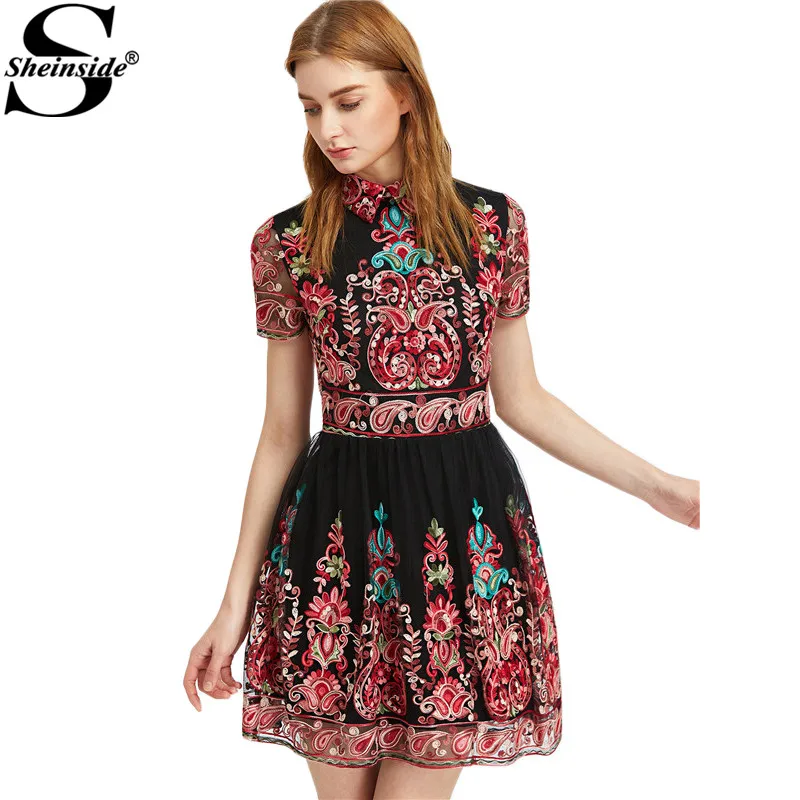 

Sheinside Vintage Embroidery Party Dress Women Black Sheer Mesh Overlay Boho High Waist Dresses Cute Lapel A Line Mini Dress