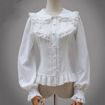 

Mori Girl Lolita Lace Chiffon Blouse Women Solid White Black Peter Pan Collar Layer Femmes Kawaii Lace Ruffles Blusas Tops U321