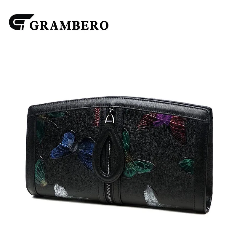 

Vintage Soft Cowhide Top Leather Women Clutch Purse Art Pattern Shoulder Crossbody Zipper Bags Long Card Purse Banquet Bags Gift