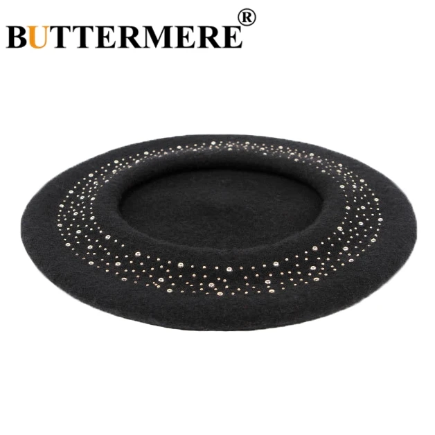 Ceny BUTTERMERE wełniany beret Cap kobiety czarny nit artystyczne czapki damskie francuskie czapki eleganckie miękkie kobiece jesienne czapki zimowe malarze