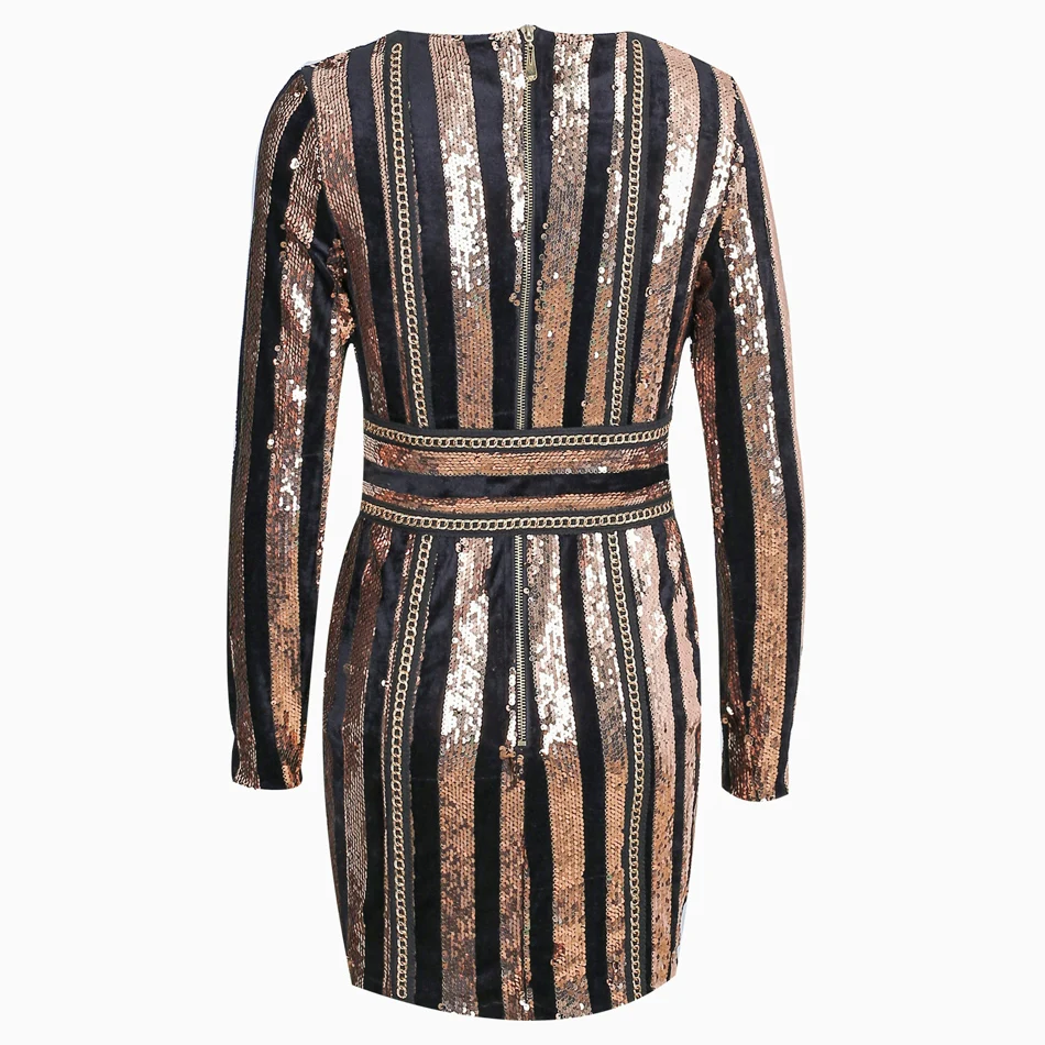 S Curve Полосатое блестка Блеск Мини платье с длинным рукавом Bling Bodycon платье с поясом