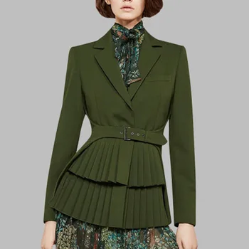 

Hot Sale 2018 New Women Notched Sashes Long Pleated Blazers Solid Fashion Single Breasted Slim Blazer Long Sleeve Female Tops