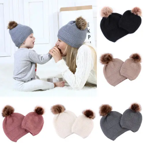 

New Winter Mother Baby Knit Wool Warm Hat Soft Cotton Turban Knot Pom Bobble Hat Kid Girl Boys Winter Warm Family Beanie Cap