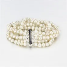 Snh 925 стерлингового серебра застежка натуральная натуральный культивированный 5 мм+ картофеля, белого пресноводного пять рядов Mother Of Pearl браслет