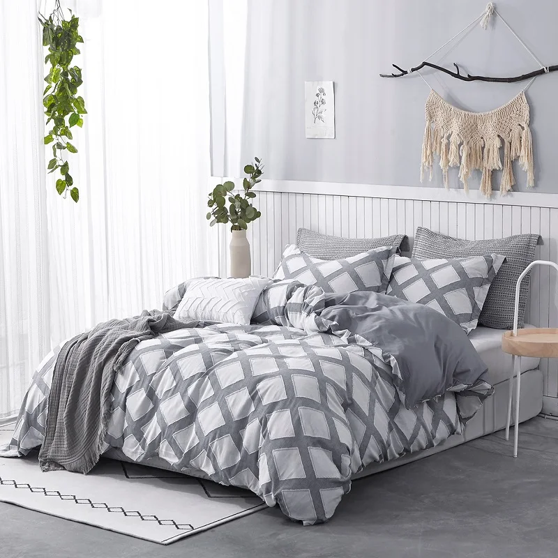 

PHF Cotton Duvet Cover Set Jacquard Clipped Textured Yarn Dyed Stripes Breathable Bedding Set 3 Pcs King Queen Size Blue Greyish