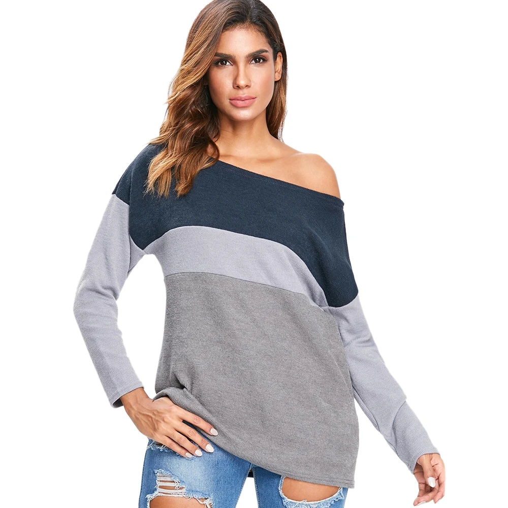 Skew Neck Color Block Sweater|Pullovers| - AliExpress