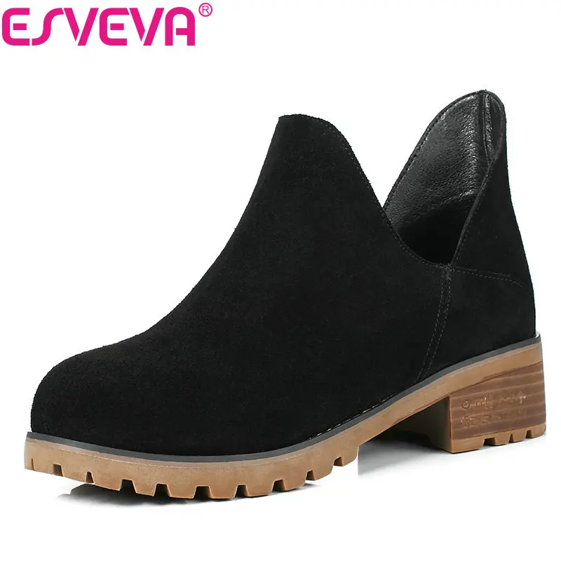 

ESVEVA 2018 Cow Suede Women Boots Square Med Heel Round Toe Ankle Boots Two kinds of inside Short Plush /PU Casual Size 34-40