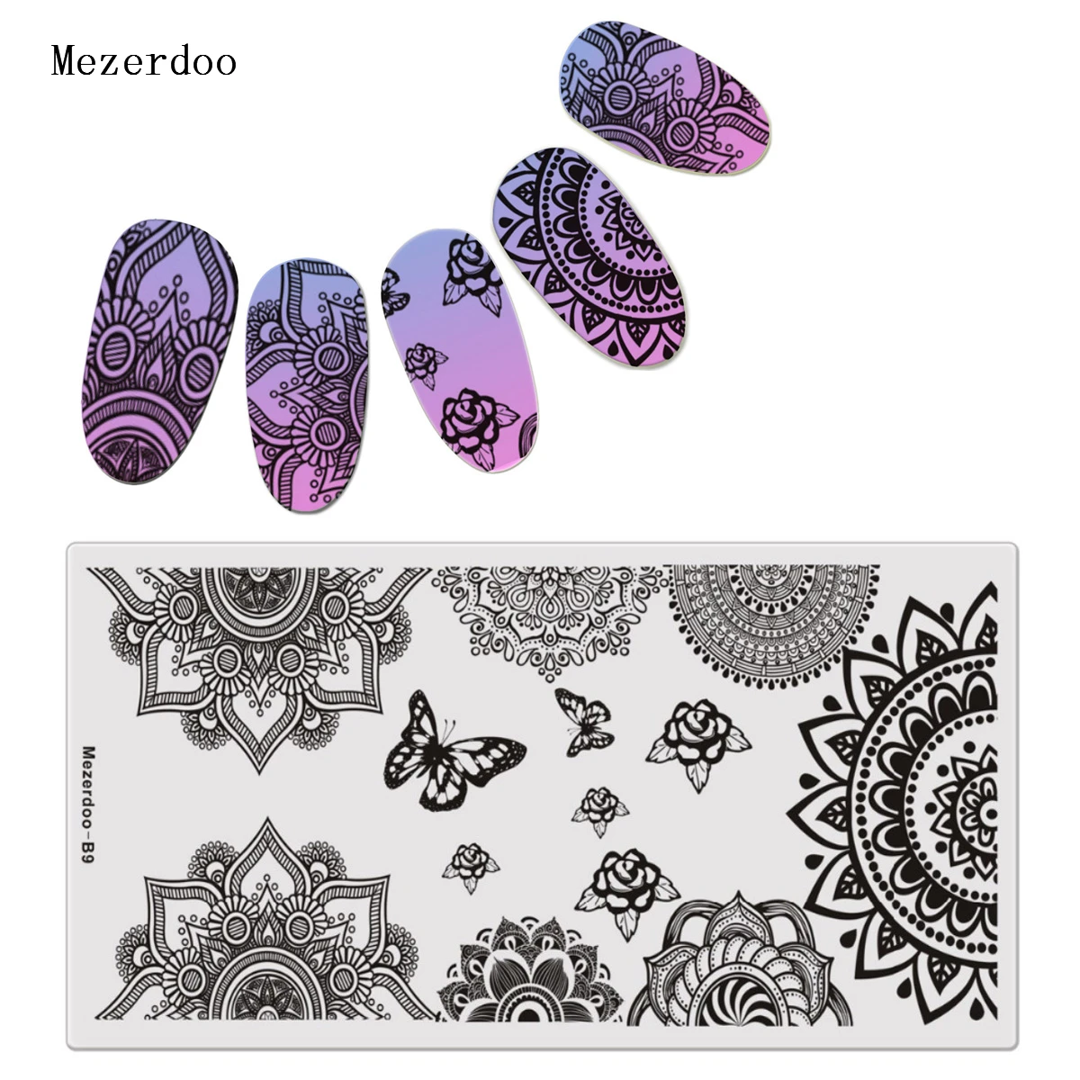 

Mandala Theme Nail Stamping Plate 12*6cm Rectangle Template Butterfly Flowers Pattern Manicure Nail Art Image Plate B9