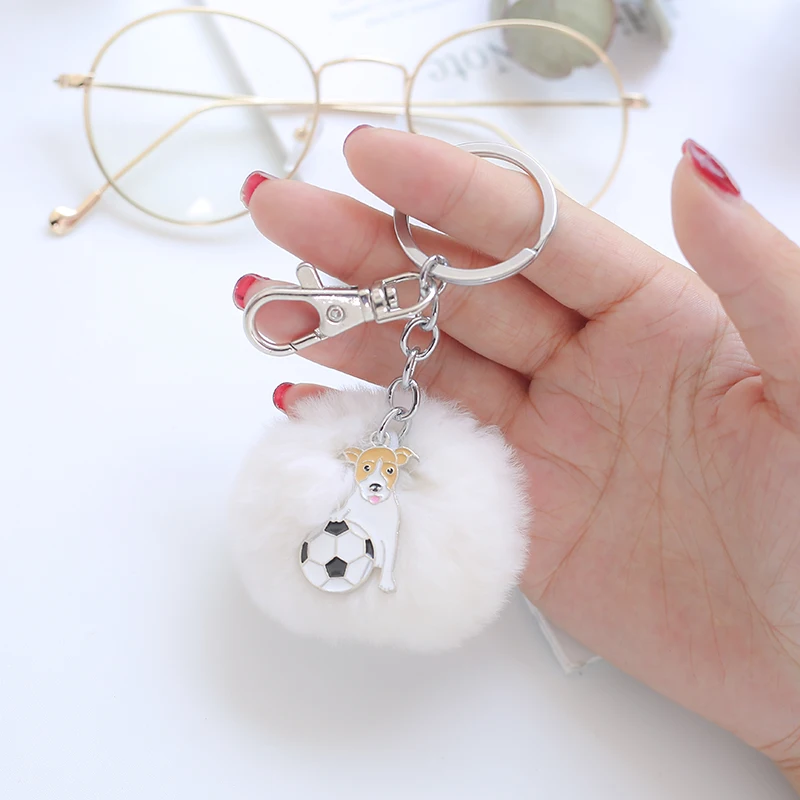 

Jack Russell Terrier Candy Color Dog Key Chain Fur Key Chain with Pom Pom Fashion Rabbit Fur Ball Car Keychains Gift Women Bag