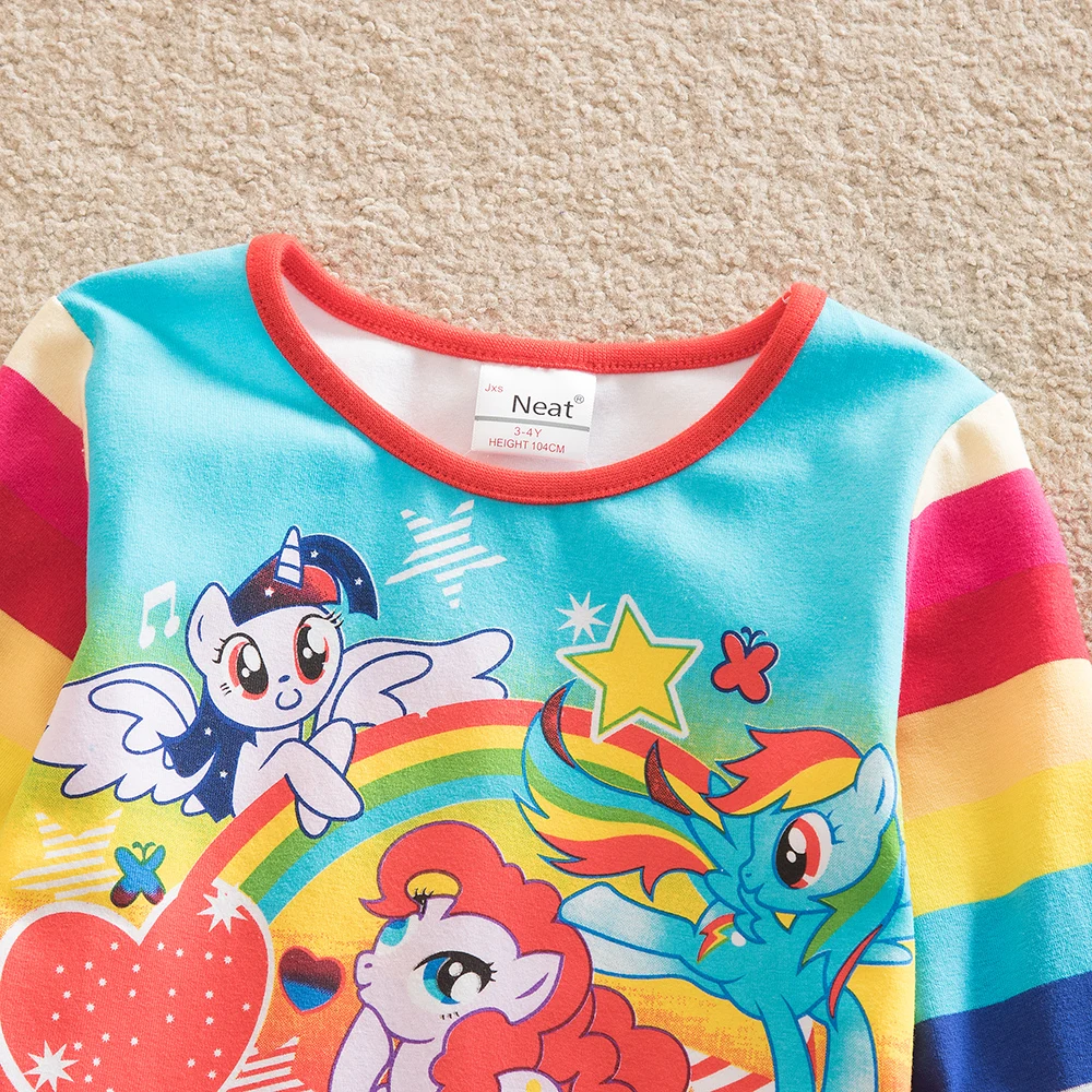 JUXINSU My Baby Girls Little Pony Cartoon Girl Rainbow Long Sleeve Dresses Pony Casual Dress Autumn Winter Home Wear 1-8 Years